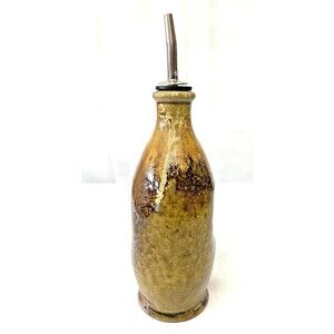 Pottery Brown Green Glazed Olive Oil Stoneware Bottle with Metal Pour Spout 9in